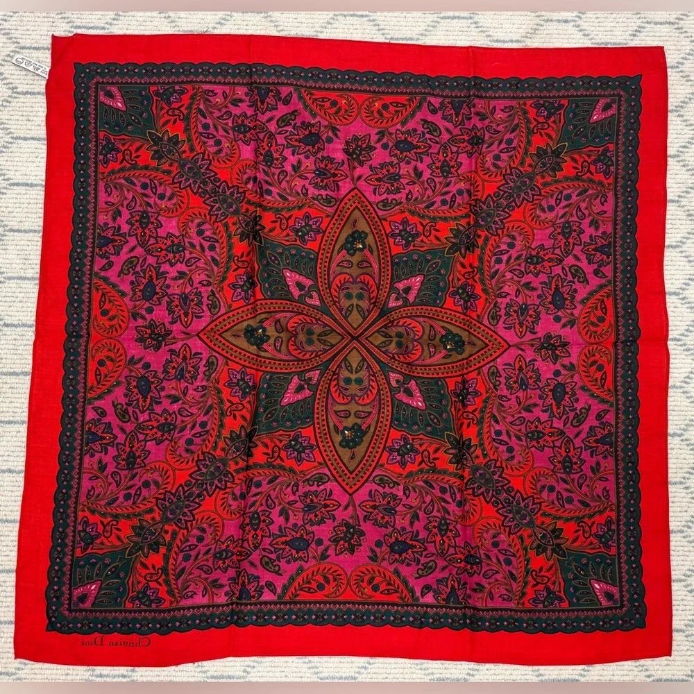 CHRISTIAN DIOR Vintage Rare Red Paisley Floral Retro 100% Wool Square Scarf